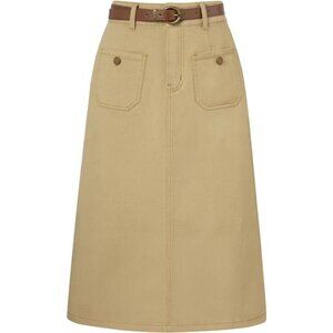 Denim Skirt with Belt Below Knee Length Khaki